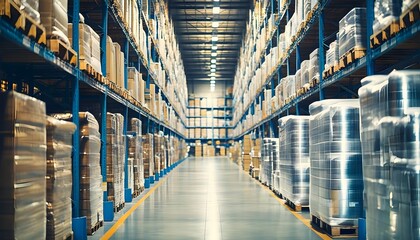 Wall Mural - Neatly Stacked Wooden Pallets in Long Warehouse Aisle with Industrial Storage and Organized Blur Background in Bokeh