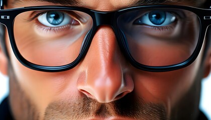 Wall Mural - Intense close-up portrait highlighting a mans expressive eyes and facial features through glasses