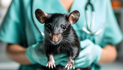 Wall Mural - Caring veterinarian cradles adorable black puppy, capturing a moment of connection and compassion in a clinical setting