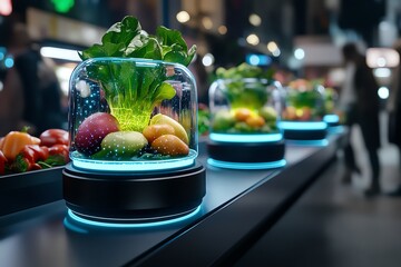 Poster - A futuristic city market filled with glowing, high-tech produce, where bioengineered fruits and vegetables are designed for peak nutrition