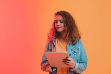 Young woman sits in front of colorful background with tablet computer. Focused on device, likely working studying. Tablet primary tool for communication, connection, learning in digital.