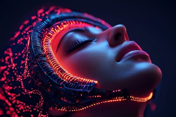 Poster - A futuristic ear implant connected to a glowing digital network, where sound is processed through advanced cybernetic structures