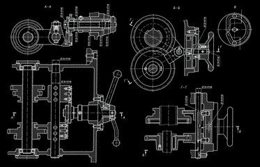 Sticker - Levers, handles. Mechanisms of movement of gear wheels.
Engineering mechanical pencil drawing of steel devices
with dimension lines. Industrial technology
cad scheme of machine building industry. 