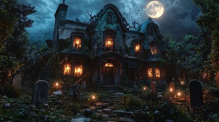 Wall Mural - Cartoon Halloween haunted house at night