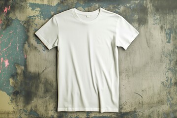 Blank white t-shirt hangs on grungy wall background. Simple, casual, modern garment. Empty hanger, no model. Fashionable clothing for retail store, advertising, and fashion photography.