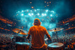 © Topuria Design - Drummer performing energetically at a packed stadium during a live concert. Back view of a drummer playing passionately on stage as a massive crowd enjoys the electrifying performance.