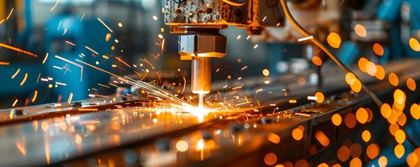 Poster - Close-up of a high-precision laser cutting through metal, creating sparks and showcasing advanced industrial technology in action.