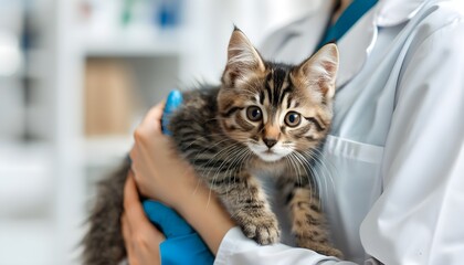 Wall Mural - Gentle veterinarian cradling an adorable fluffy kitten in a warm and welcoming pet clinic environment