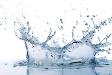 Aufkleber - Drop of water falls from above on a white background. Clear fluid motion. Water splashes, fresh liquid spills, purity, cleanliness, and freshness are highlighted. Eco-friendly and natural theme.