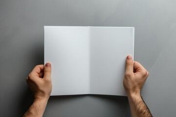 Aufkleber - Man holds a blank booklet on a grey background. Close-up of a person holding a corporate brochure. Empty cover with space for logo and text. Modern design concept for branding and advertising.