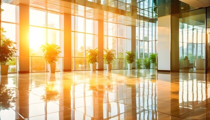 Wall Mural - Bright and inviting corporate lobby with reflective flooring and vibrant greenery, illuminated by warm morning sunlight