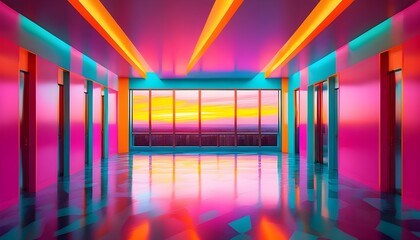 Wall Mural - Dynamic hallway illuminated by vibrant sunset hues with a modern artistic flair