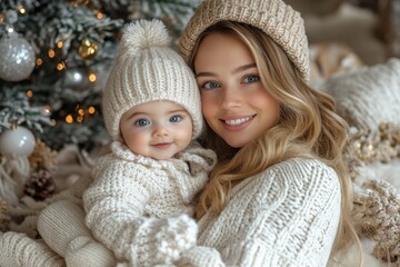 Beautiful young mother and her adorable little daughter in warm knitted hats and scarves on the background of the Christmas tree