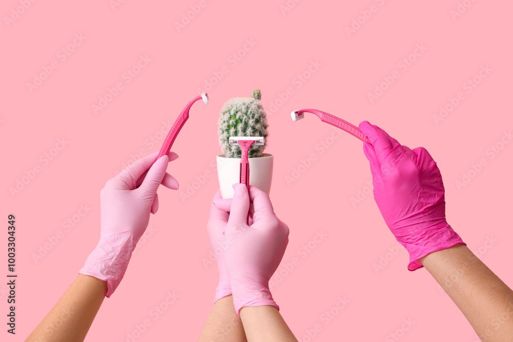 Female hands with cactus and razors on pink background. Depilation concept