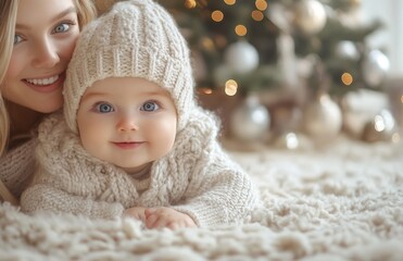 Beautiful young mother and her adorable little daughter in warm knitted hats and scarves on the background of the Christmas tree