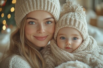 Beautiful young mother and her adorable little daughter in warm knitted hats and scarves on the background of the Christmas tree