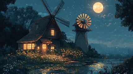 Wall Mural - Fantasy Windmill Cottage with Full Moon and Stars at Night