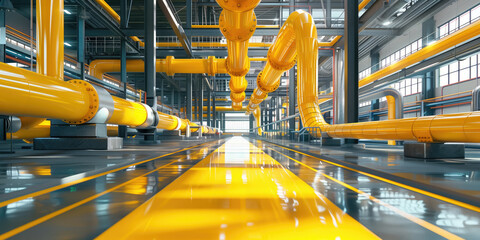 Industrial plant with yellow pipes in building. Hangar with large diameter pipeline. Interior of industrial plant without people. Modern factory