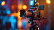 © Ahmad-Muslimin - A professional camera on a tripod, ready to film, against a bokeh background