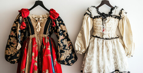 Two traditional European dresses with intricate patterns on hangers