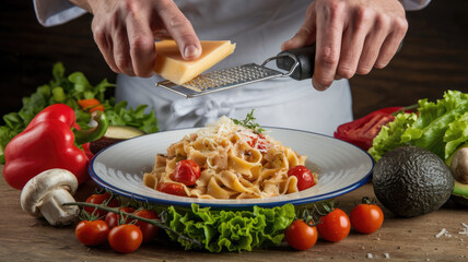 A chef is preparing a plate of pasta with cheese and tomatoes. The plate is on a wooden table