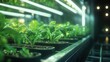 © Nawarit - A digital hologram showcasing a futuristic urban farm, with vertical plant beds growing fresh produce, glowing in soft, green light  Cyberpunk  Hologram  3D Render