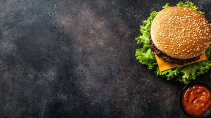 Wall Mural - Delicious cheeseburger with lettuce and sauce on dark background