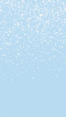 Wall Mural - Falling snowflakes christmas background. Subtle flying snow flakes and stars on light blue winter backdrop. Beautifully falling snowflakes overlay. Vertical vector illustration.