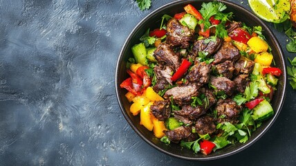 Wall Mural - Grilled meat salad with assorted fresh vegetables in black bowl