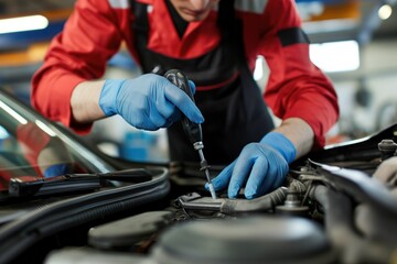 Poster - Adult auto mechanic in uniform fixing car engine at garage workshop. Male technician checks equipment, diagnostic tools, gloves, hands on vehicle repair job.