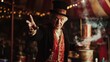 © musa - An elderly magician in a top hat performs a magic trick in a circus tent.