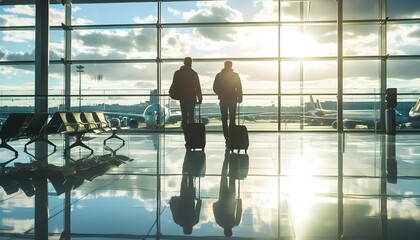 Wall Mural - Bustling airport lobby filled with travelers carrying luggage and mingling amidst the dynamic atmosphere