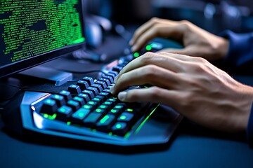 Poster - A hyper-detailed shot of an ethical hacker typing, with intricate reflections of glowing green code on the screen and precise details of the keyboard and setup