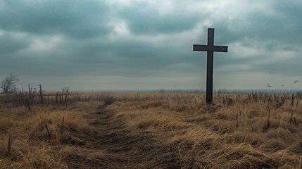 Wall Mural - Somber Landscape with Cross on Cloudy Day