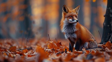 Sticker - Red Fox Sitting in Autumn Forest