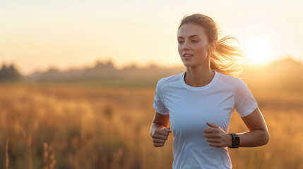 woman jogging in field during sunset, wearing white t shirt and smartwatch, with serene expression.