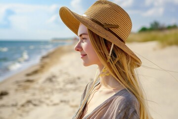 Young woman in straw hat on sandy beach in Riga, Latvia. Attractive caucasian girl in summer clothing, sunlight on her face, outside on the coastline.