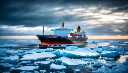 Wall Mural - Majestic vessel navigating through a frozen sea of icebergs