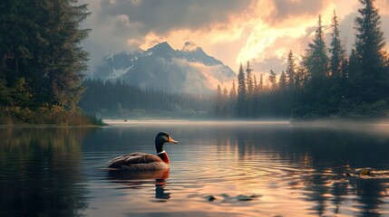 Wall Mural - Serene Mountain Lake with Duck at Sunset