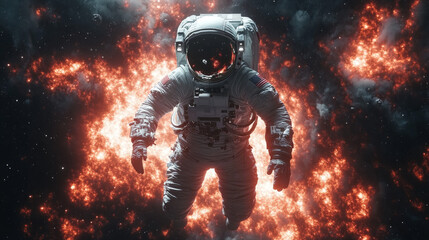 Wall Mural - Astronaut floats in space, engulfed by a fiery nebula.
