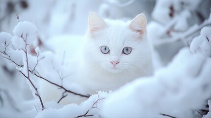 White cat in snowy winter landscape