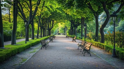 Poster - Serene Park Pathway Surrounded by Lush Greenery