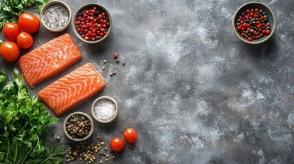 Poster - Fresh salmon fillets with tomatoes and herbs on gray surface