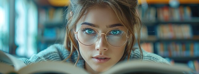 Canvas Print - Young Woman Reading a Book in a Library