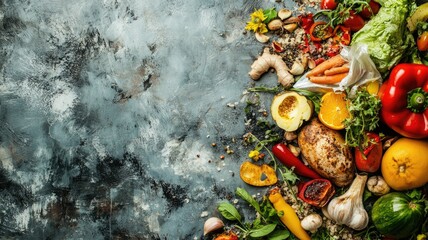 Wall Mural - Array of fresh vegetables and spices against rustic background