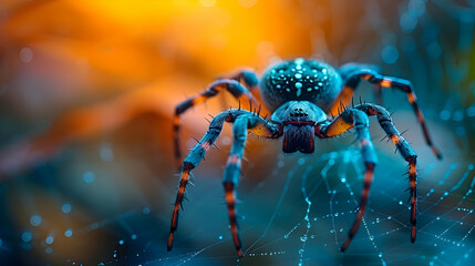 Blue Spider on a Web with Dew Drops - Realistic Image