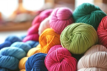 Aufkleber - Close-up of colorful yarns on blurred background. Many different types of yarns in various colors, textures, materials. Soft, cotton, wool, natural fibers. Crochet, knitting, handcraft equipment.