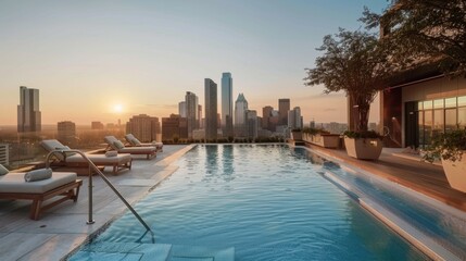 Canvas Print - Sunset View Over City Skyline from Rooftop Pool