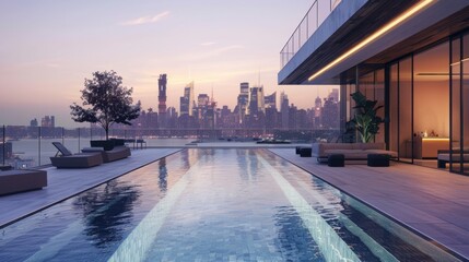 Poster - Modern Rooftop Pool with City Skyline at Sunset