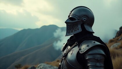 Cinematic ancient knight in armor with head up looking to the sky created with generative ai	